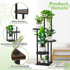 5 Tier Wood Tall Plant Stand Metal Rack Indoor, Round Planter Shelf Display - Image 3