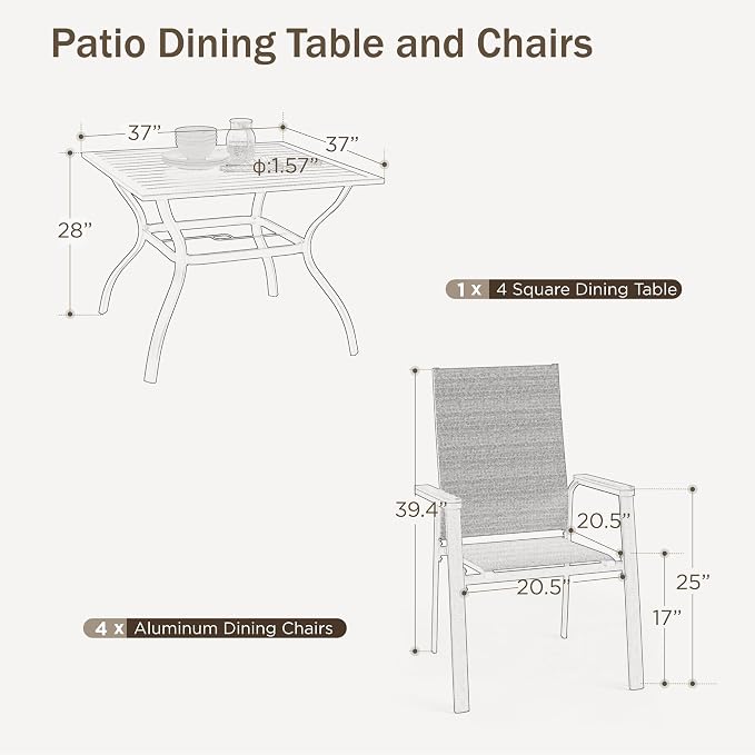 PHI VILLA 5 PCS Patio Dining Set, 4 Outdoor Aluminum Stackable Sling Chairs - Image 6