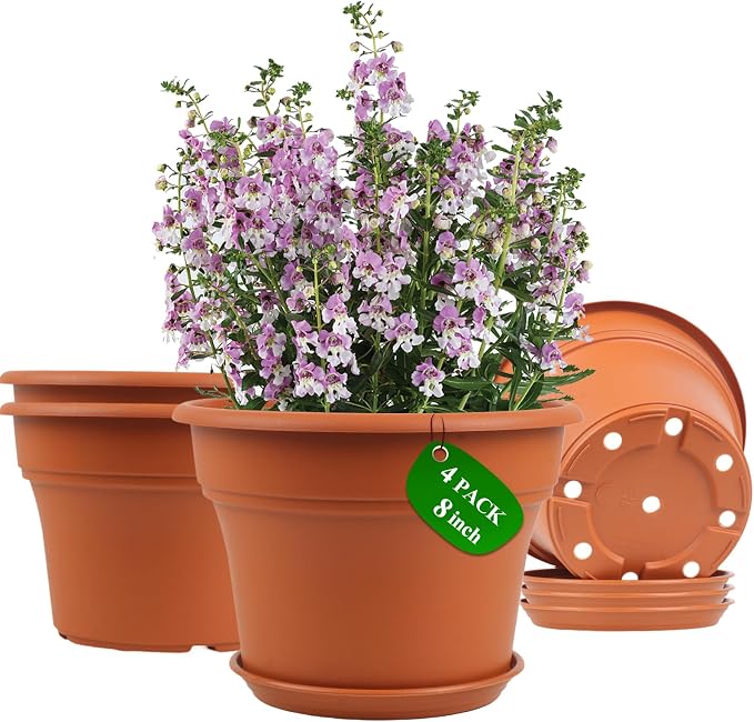 8 Inch Plastic-Flower Pot-for-Indoor Plants, 4 Pack Large Outdoor Planter Pot by Pottiffe