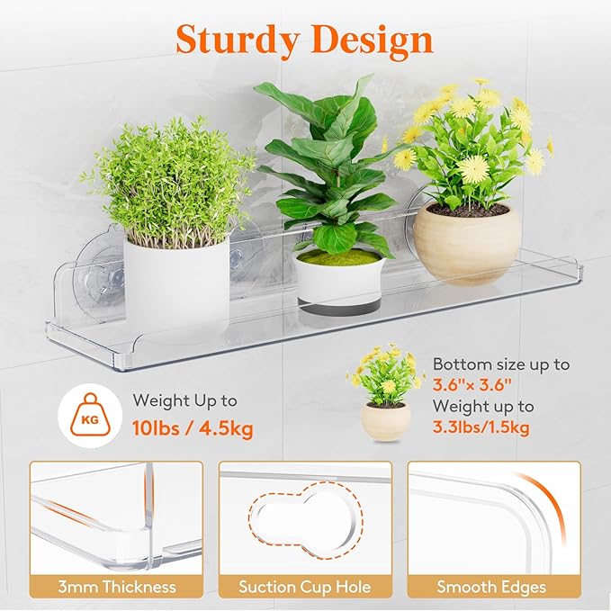 Lifewit Window Plant Floating Shelves 14.6x3.6, 3 Pack Acrylic Suction Cup Shelf - Image 4