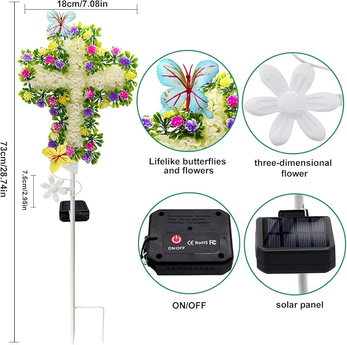 2 Pack Solar Flower Cross for Cemetery Grave, Grave Decorations for Cemetery - Image 5