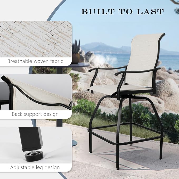 LEVELEVE Patio Bar Set 2pcs Swivel Bar Stools Outdoor Bistro Textilene - Image 7