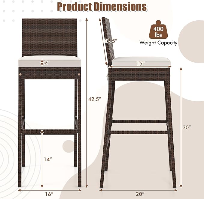 HAPPYGRILL Wicker Patio Barstools Set of 2, Outdoor Rattan Bar Chairs - Image 3