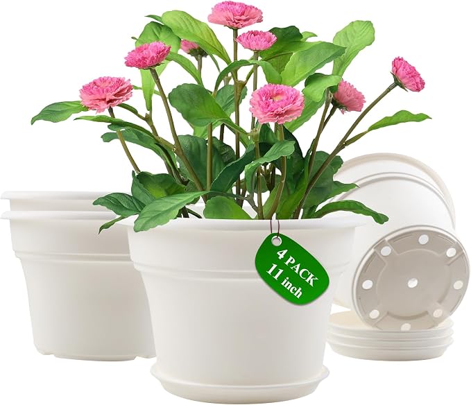 11 Inch Plastic-Flower-Pot-for-Indoor-Plants, 4 Pack Large Outdoor Planter Pot by Pottiffe