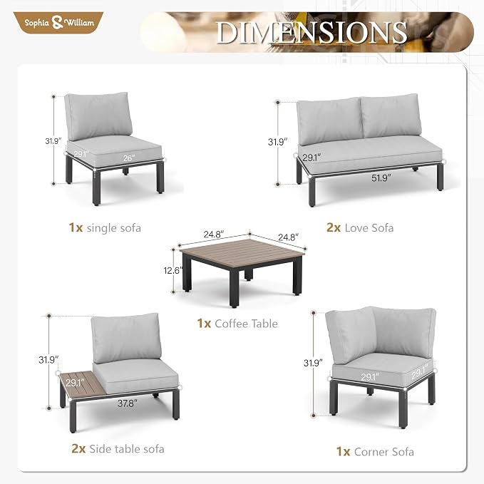 Sophia & William 7 Piece Outdoor Patio Furniture Set, Metal Sectional Sofa - Image 2