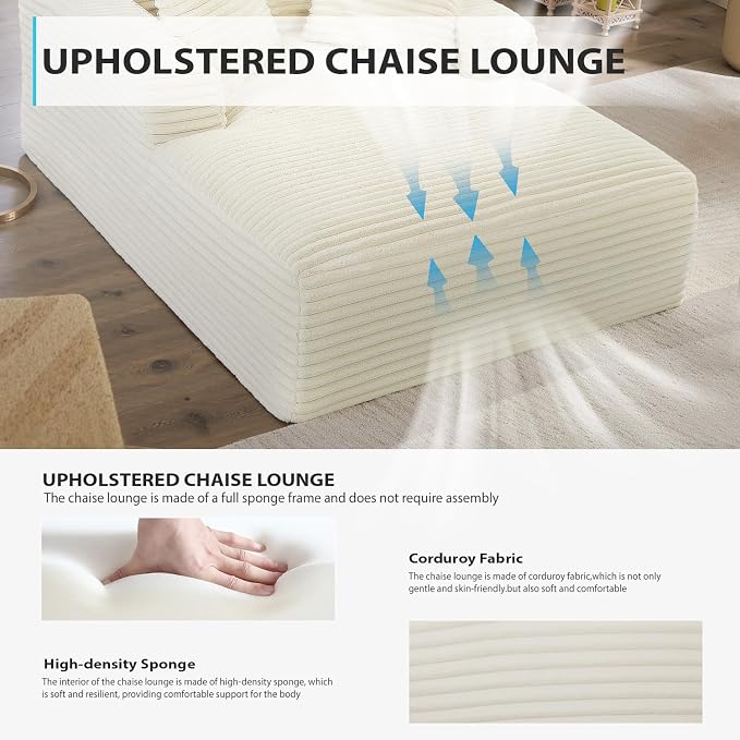 67 Inch Chaise Lounge Chair Indoor, Oversized Corduroy Upholstered Boneless - Image 5