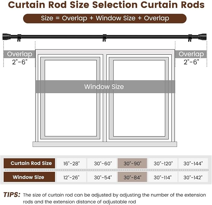 1” Diameter Matte Black Curtain Rod Itself is 30-90 Inch 2 Pack, Fit 30 to 84 - Image 3