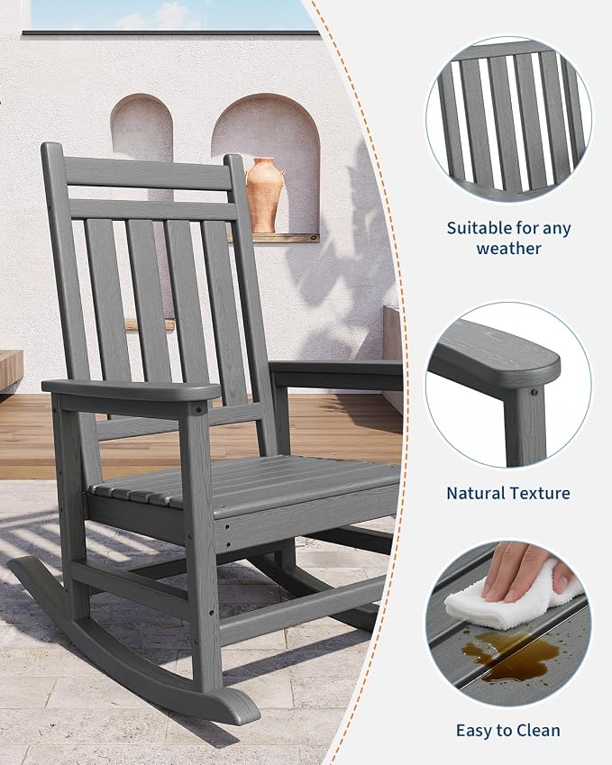Poly Lumber Rocking Chair Outdoor Set of 6- HDPE High Back Porch Rocker Chairs - Image 3