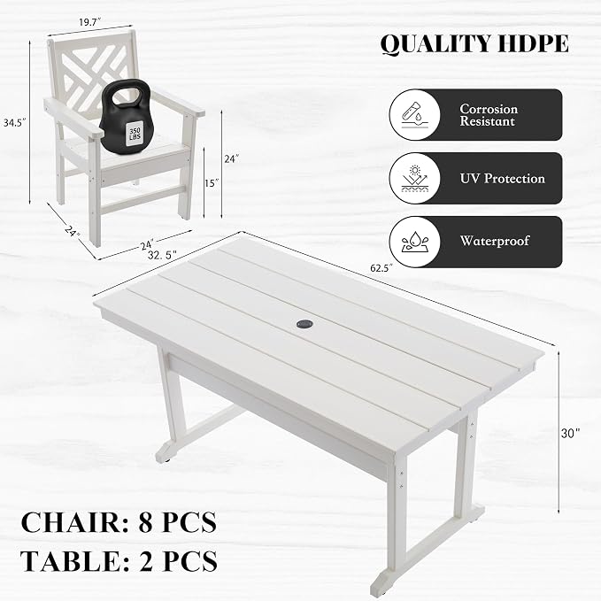 HDPE Dining Table Set for 8, 10-Piece Outdoor Table and Chairs Include 8 Dining - Image 3