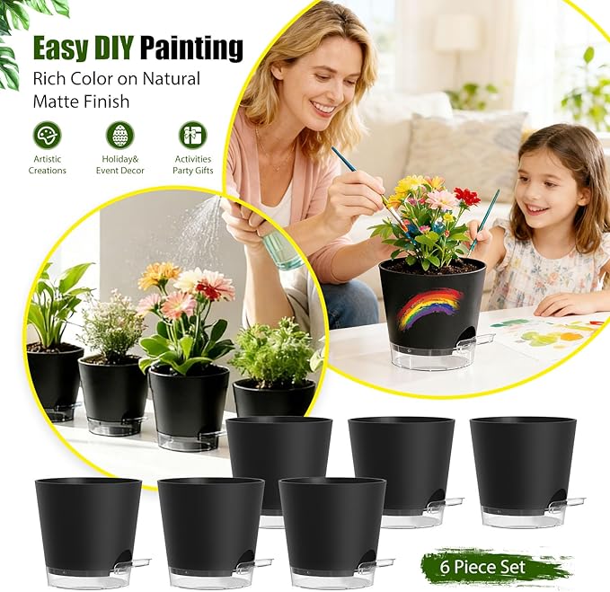 Plant Pots 4 Inch Self Watering Pots, 6 Pack Plastic Planters - Image 6