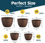 Brown Plant Pots with Drainage Holes & Saucers 15 Pack, Indoor & Outdoor - Image 2