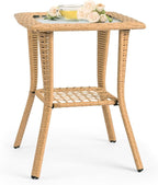 VINGLI Outdoor Side Table with Storage Wicker Patio Side Table, Tempered Glass - Image 4