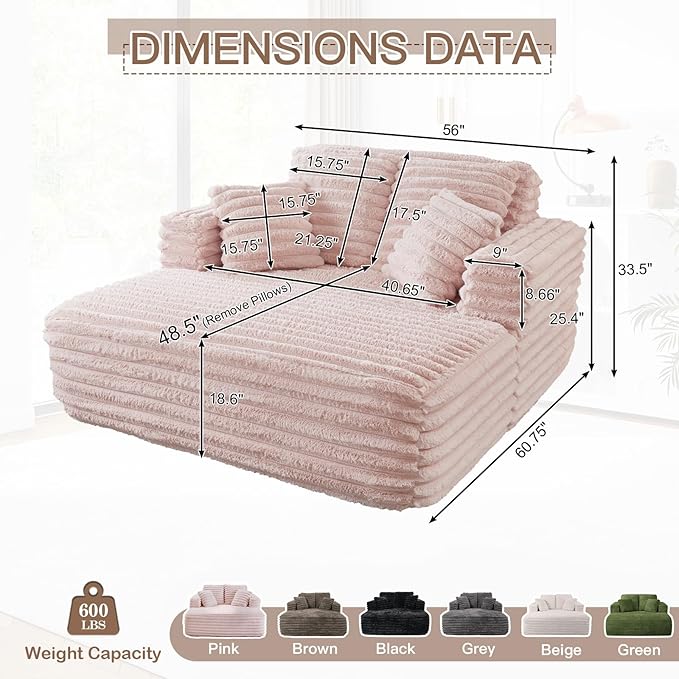 56" Oversized Chaise Lounge Chair Indoor, Plush Faux Fur Sleeper Sofa Couch Bed - Image 2