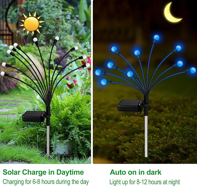 Kohlrabi Solar Garden Lights Outdoor, 2 Pack 20 LED Solar Blue Firefly Lights - Image 3