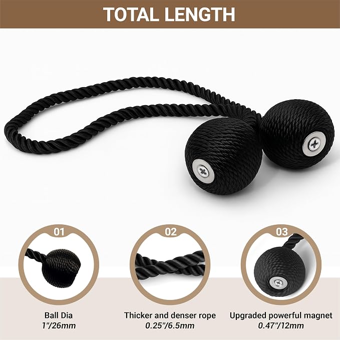 Hion Magnetic Curtain Tiebacks Black 2pcs, Curtain Tiebacks Buckles Holdbacks - Image 2