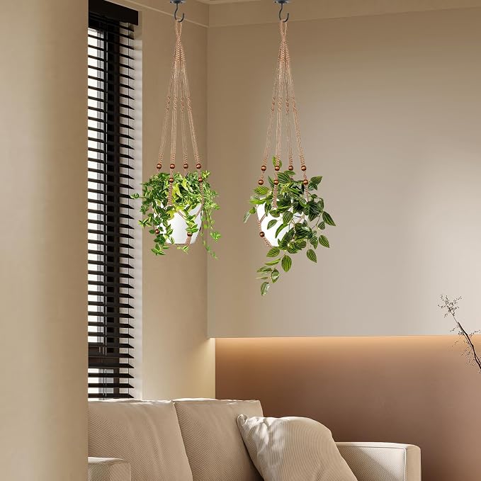 Jute Macrame Plant Hanger Indoor Set of 2 Hanging Planter Basket Flower Pot - Image 6