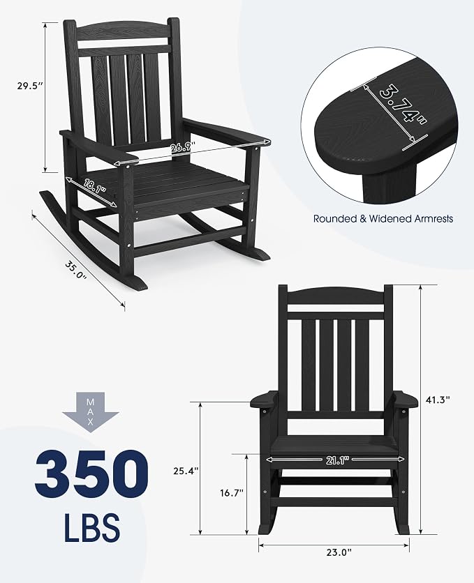 KINGYES HDPE Outdoor Rocking Chair, Widened Seat Patio Rocking Chair, Oversized - Image 3