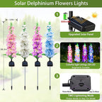 Solar Garden Lights, Solar Delphinium Flowers Lights 4 Pack 80 LEDs, Waterproof - Image 2