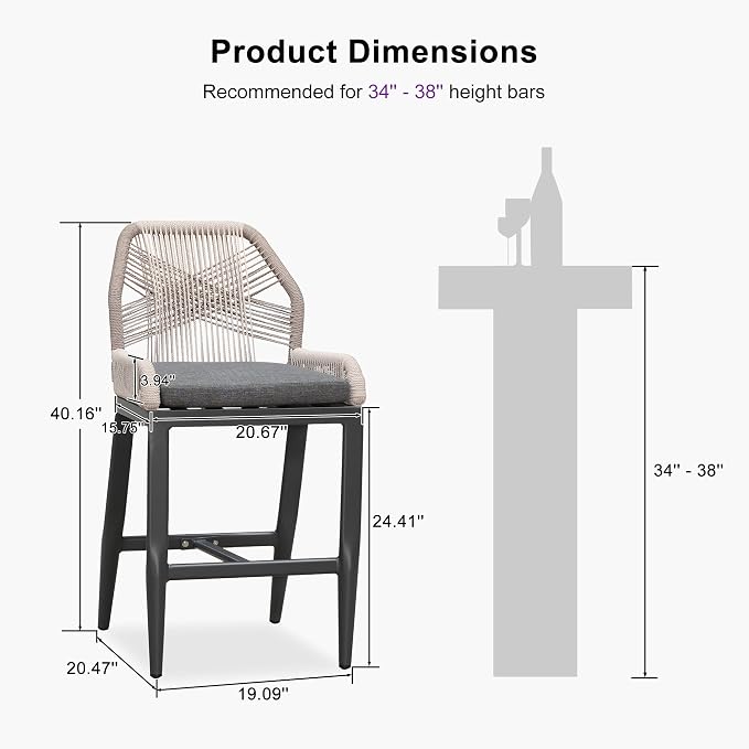 PURPLE LEAF Patio Bar Stool Counter Height Set of 2 Outdoor Rattan Chairs - Image 2