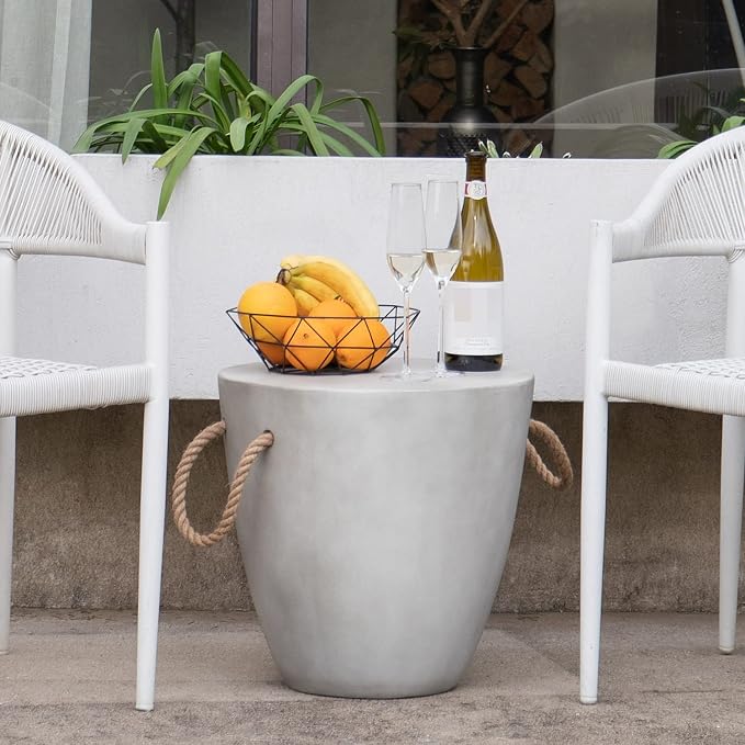 COSIEST Set of 2 Outdoor Cup Shaped Side Table, Concrete Side Table w Hemp Rope - Image 5