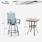 PHI VILLA Outdoor Patio Swivel Bar Set of 3, Jacquard Lake Blue Textilene - Image 9