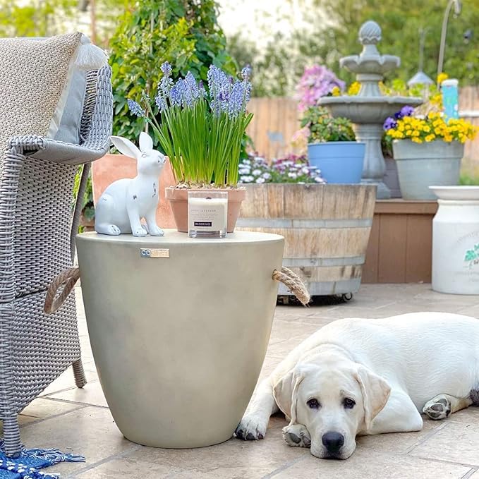 COSIEST Set of 2 Outdoor Cup Shaped Side Table, Concrete Side Table w Hemp Rope - Image 7