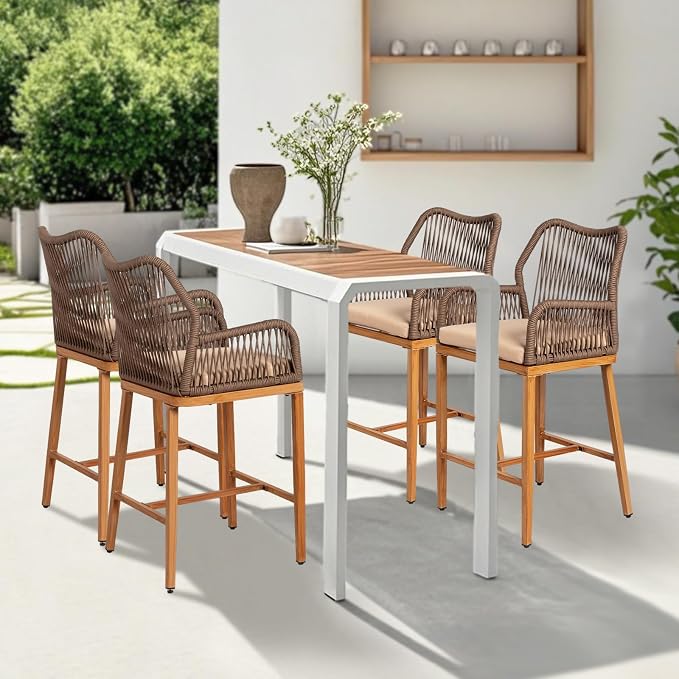 VINGLI Outdoor Counter Height Bar Stools Set of 2, Rattan Outdoor Barstools - Image 2