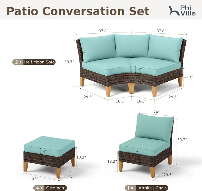 PHI VILLA 7-Piece Wicker Patio Furniture Set, Outdoor Half-Moon Curved - Image 2