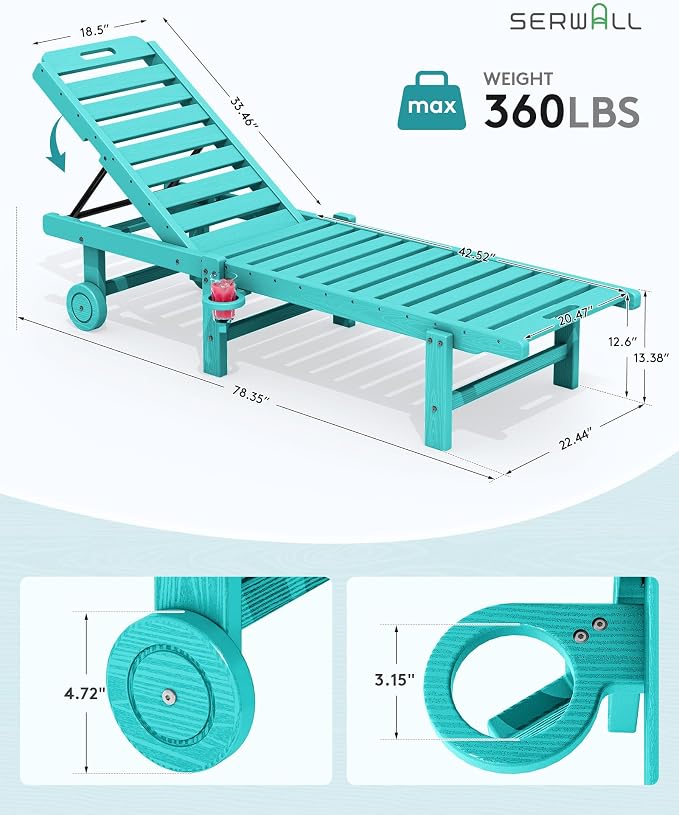 SERWALL Outdoor Chaise Lounge Set of 6, HDPE Pool Lounge Chair - Image 2