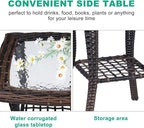 VINGLI Outdoor Side Table with Storage Wicker Patio Side Table, Tempered Glass - Image 4