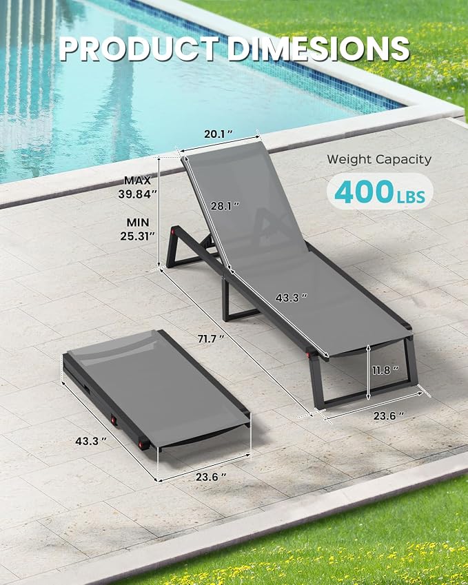 Aluminum Chaise Lounge Chair Outdoor Set of 2, Foldable & No Assembly Pool - Image 2