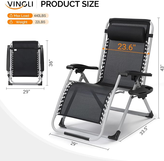 VINGLI 29" Padded Zero Gravity Chair, Lounge Chair - Image 6