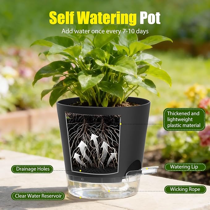 Plant Pots 7 Inch Self Watering Pots, 6 Pack Plastic Planters - Image 4