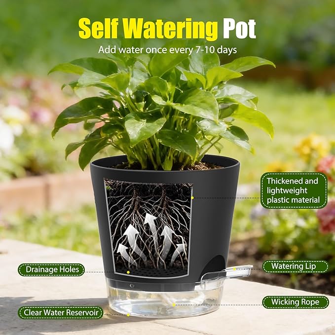 Plant Pots 4 Inch Self Watering Pots, 6 Pack Plastic Planters - Image 4