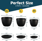 Black Plant Pots with Drainage Holes & Saucers 3 Pack, Indoor & Outdoor - Image 2