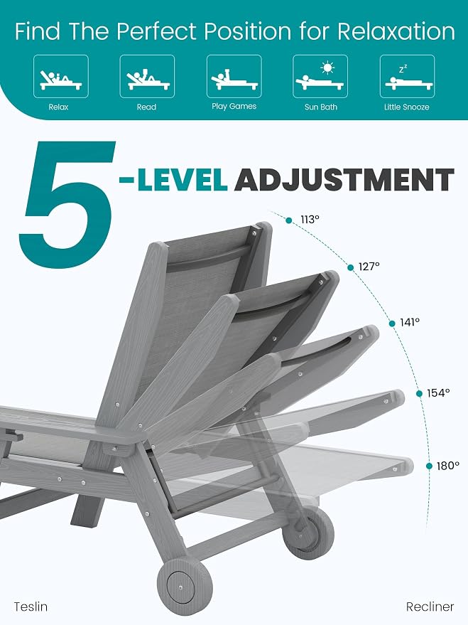 SERWALL Patio Chaise Lounge Chair, 5 Positions Outdoor Lounger - Image 5