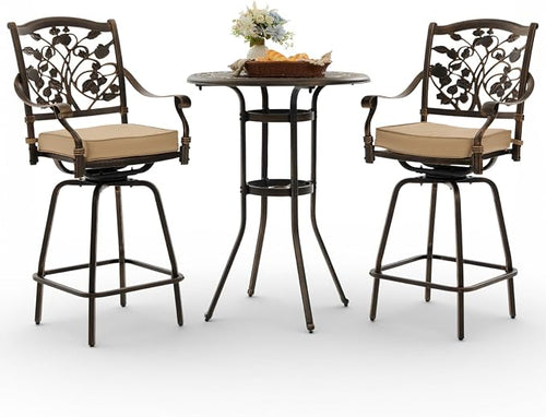 3 Piece Swivel Outdoor Table and Chairs Bar Set, All-Weather Cast Aluminum by Attliasalon