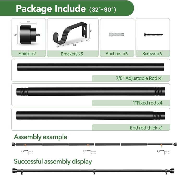 Time Forest Black Curtain Rods for Windows 48 to 84 Inch, 1 Inch Diameter - Image 6