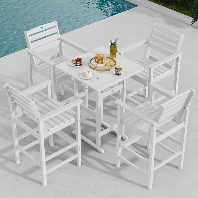 5-Piece Bar Height Patio Table and Chairs Set, HDPE Wood Grain Outdoor Bar by Orbcove