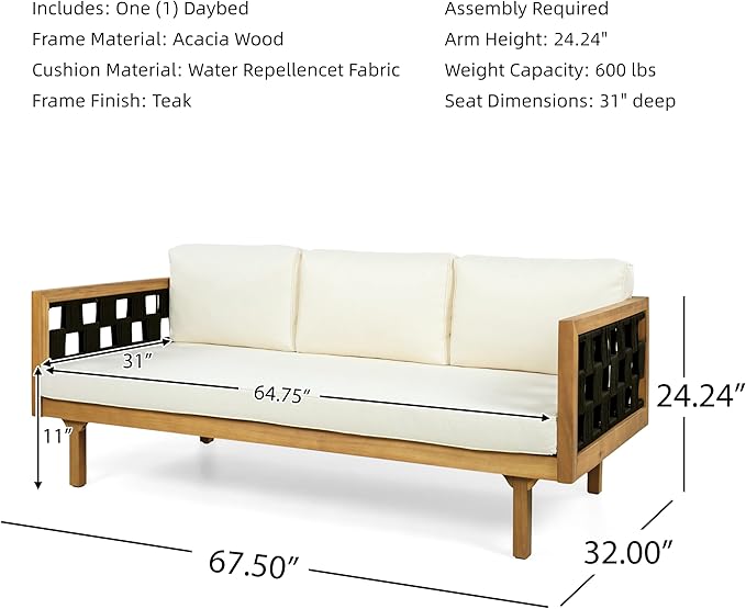 Merax Outdoor 3 Seater Daybed, Acacia Wood Patio Day Bed Couch Sofa - Image 2