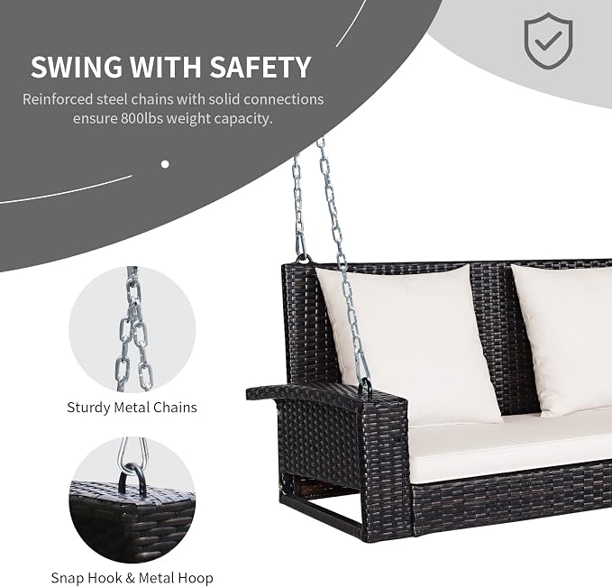 RELAX4LIFE Porch Swing 2-Seat Patio Rattan, Wicker Porch Swings Outdoor W/Two - Image 6
