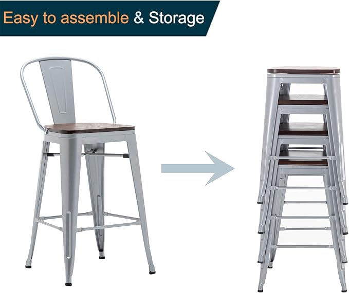 Alunaune 26" Swivel Metal Bar Stools Set of 4 High Back Counter Height - Image 9