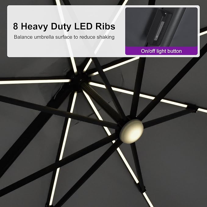 PURPLE LEAF 10 Feet Patio Umbrella Outdoor Cantilever Solar Powered LED Swivel - Image 5