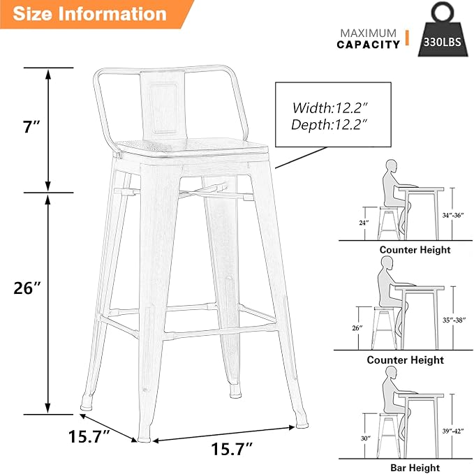 Yongchuang 26 inch Metal Bar Stools Set of 4 Counter Height Barstools Farmhouse - Image 3