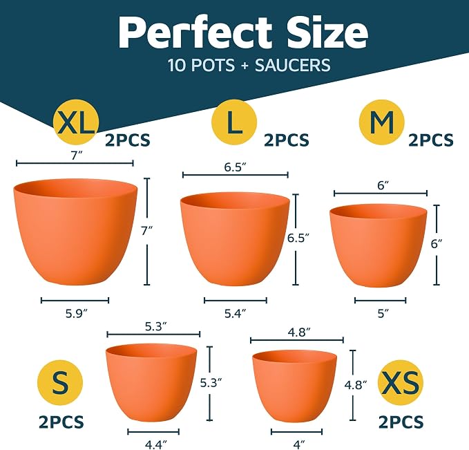 Yellow Plant Pots with Drainage Holes & Saucers 10 Pack, Indoor & Outdoor - Image 2