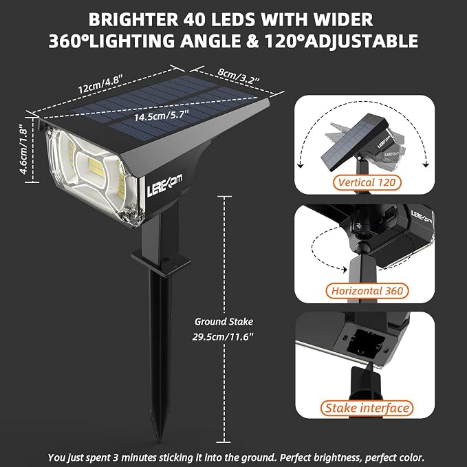 Solar Spot Lights Outdoor, 40 LEDs Solar Outdoor Waterproof Landscape Lights - Image 6