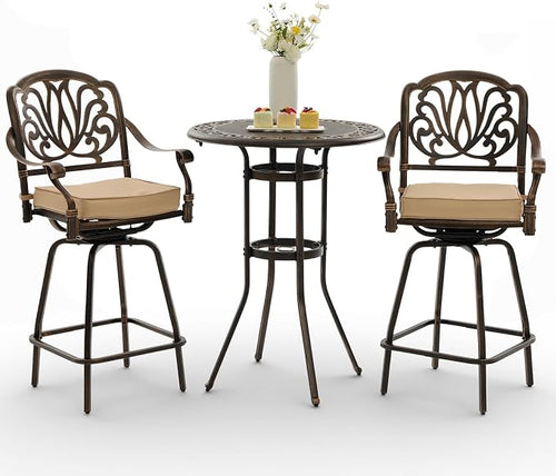 3 Piece Swivel Outdoor Table and Chairs Bar Set, All-Weather Cast Aluminum by Attliasalon