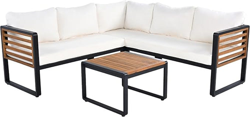 4 Pieces Outdoor Patio Conservation Set, Metal and Wood Frame Sectional - Image 2