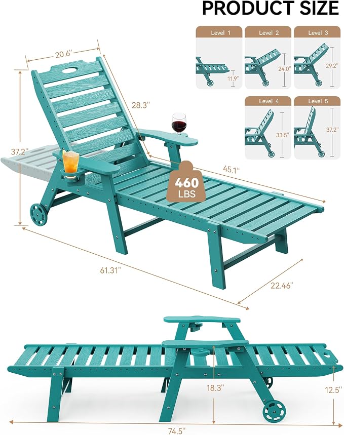 Carauci Lounge Chair Outdoor Set of 4, HDPE Chaise Lounge - Image 3
