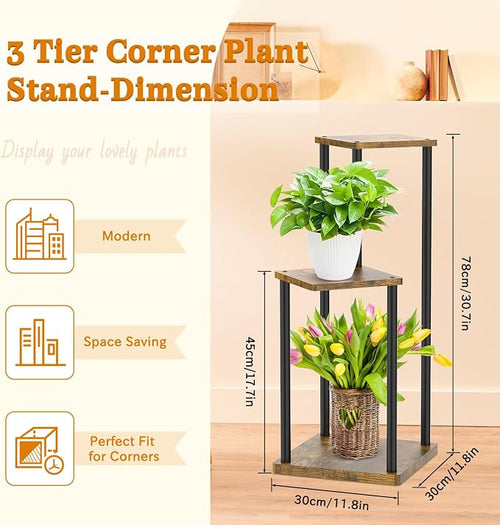 3 Tier Corner Plant Stand Indoor, Metal Wood Flower Pot Holder Shelf, Modern - Image 2